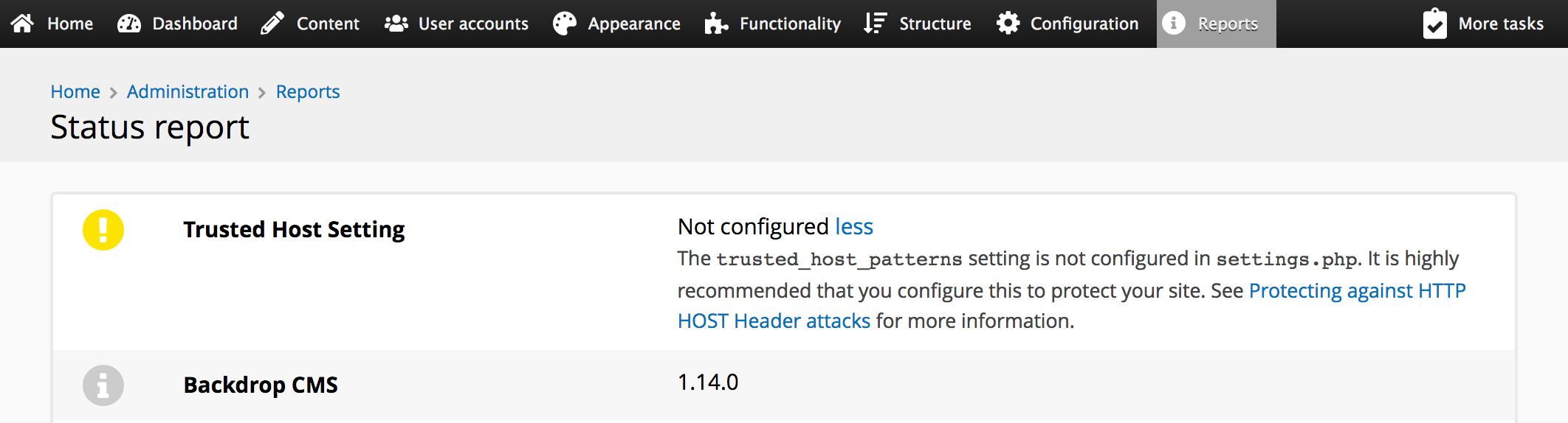 Screenshot of the status report showing the new trusted host patterns setting.