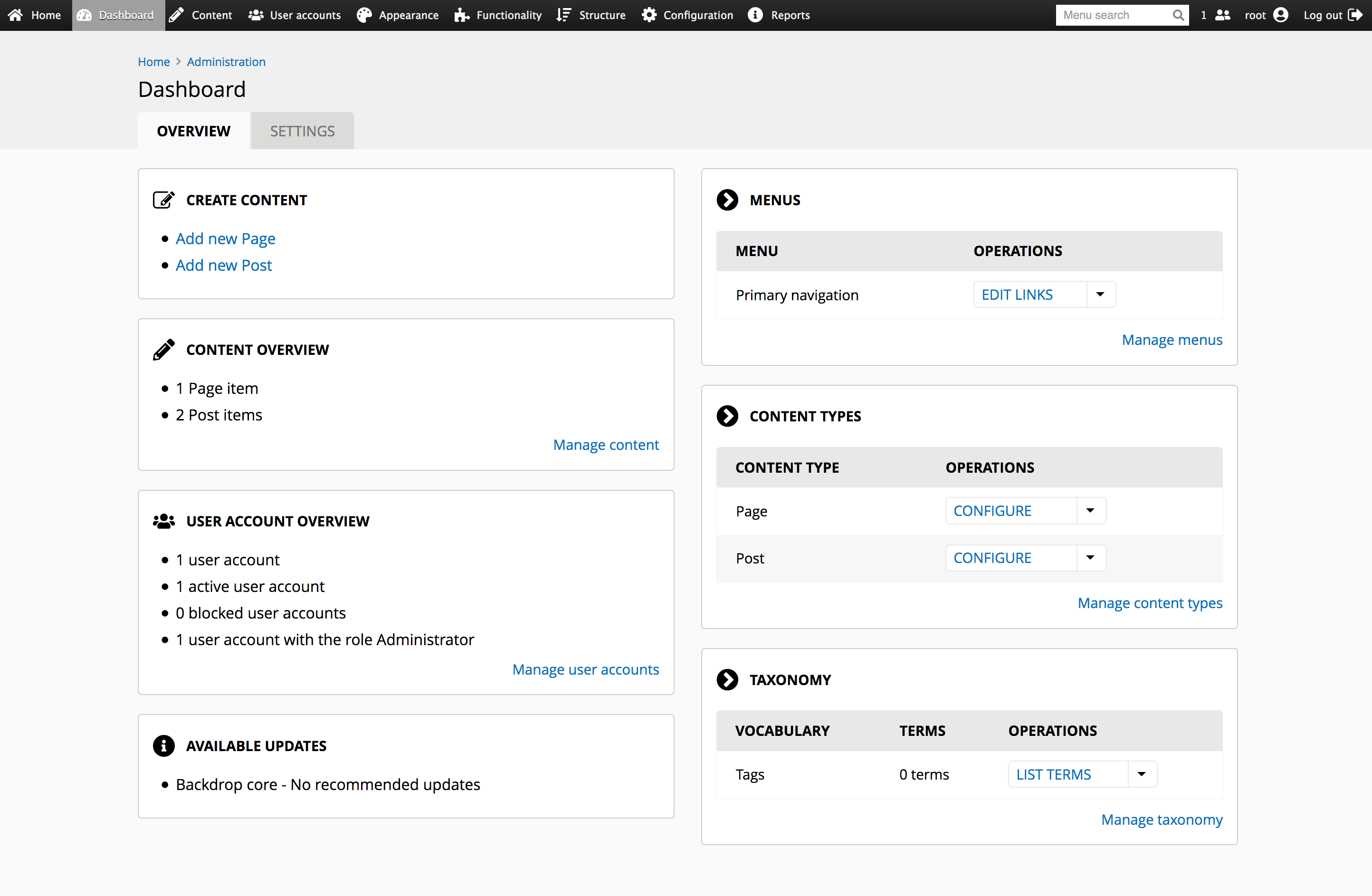 New Dashboard in Backdrop core