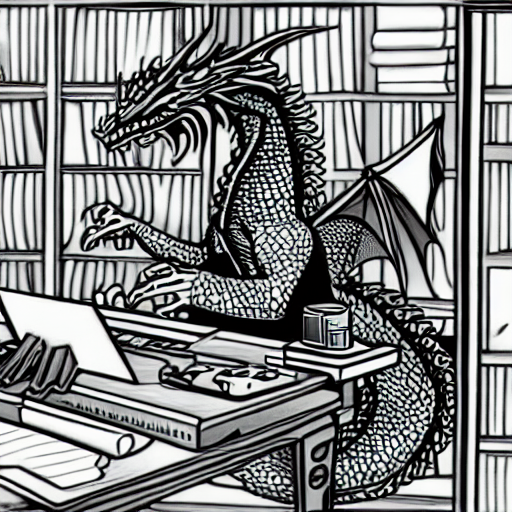 A drawing of a large black dragon seated at a desk typing on a laptop