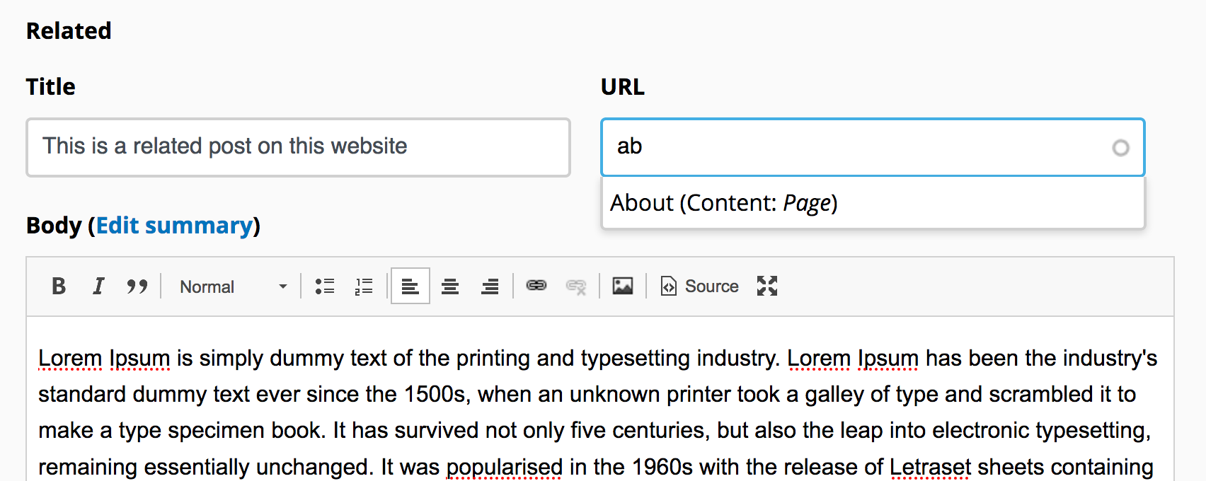 A link field showing a set of recommended options