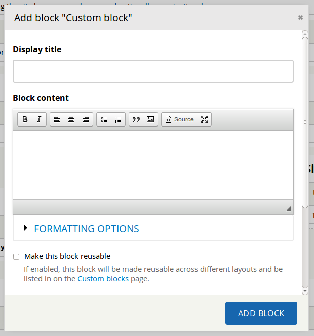 Dialog for adding a custom block.