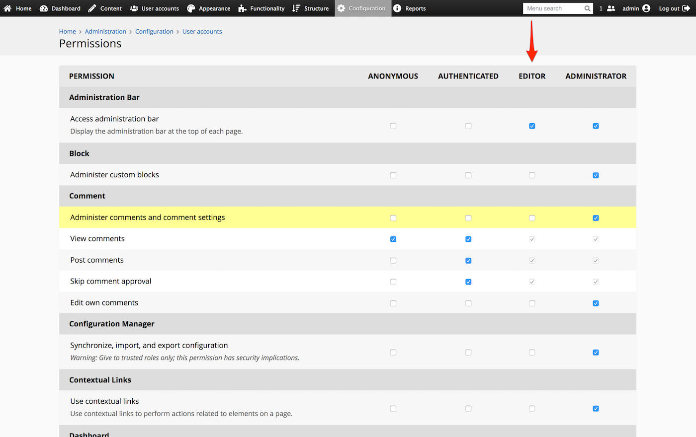 A screenshot of the permissions matrix highlighting the new editor role.