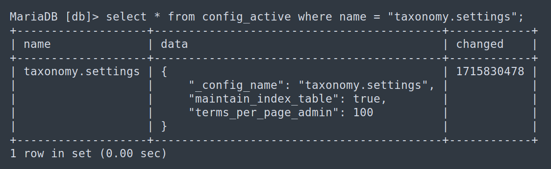 Screenshot of a MySQL query showing the config_active table contents.