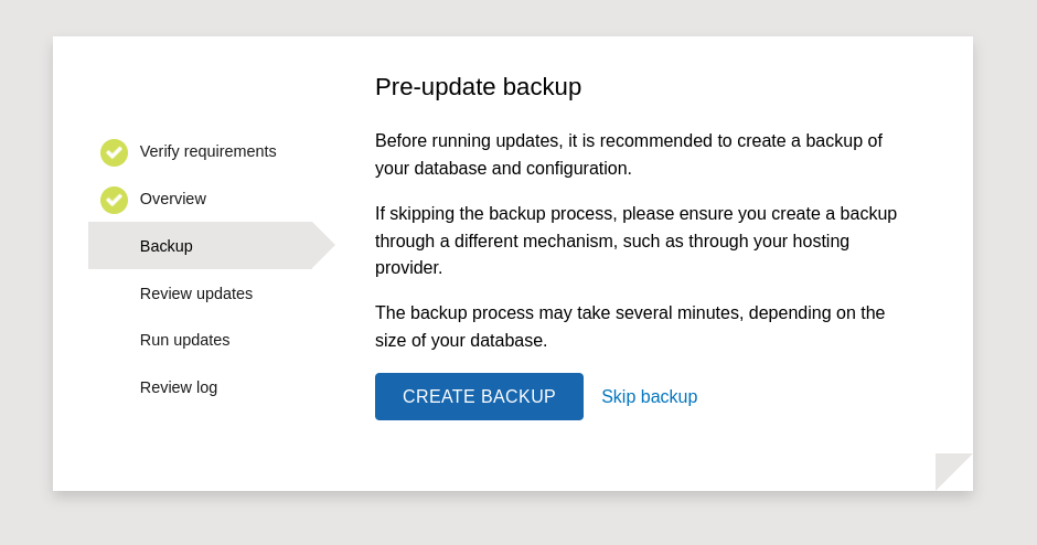 Screenshot showing the pre-update backup process built into update.php