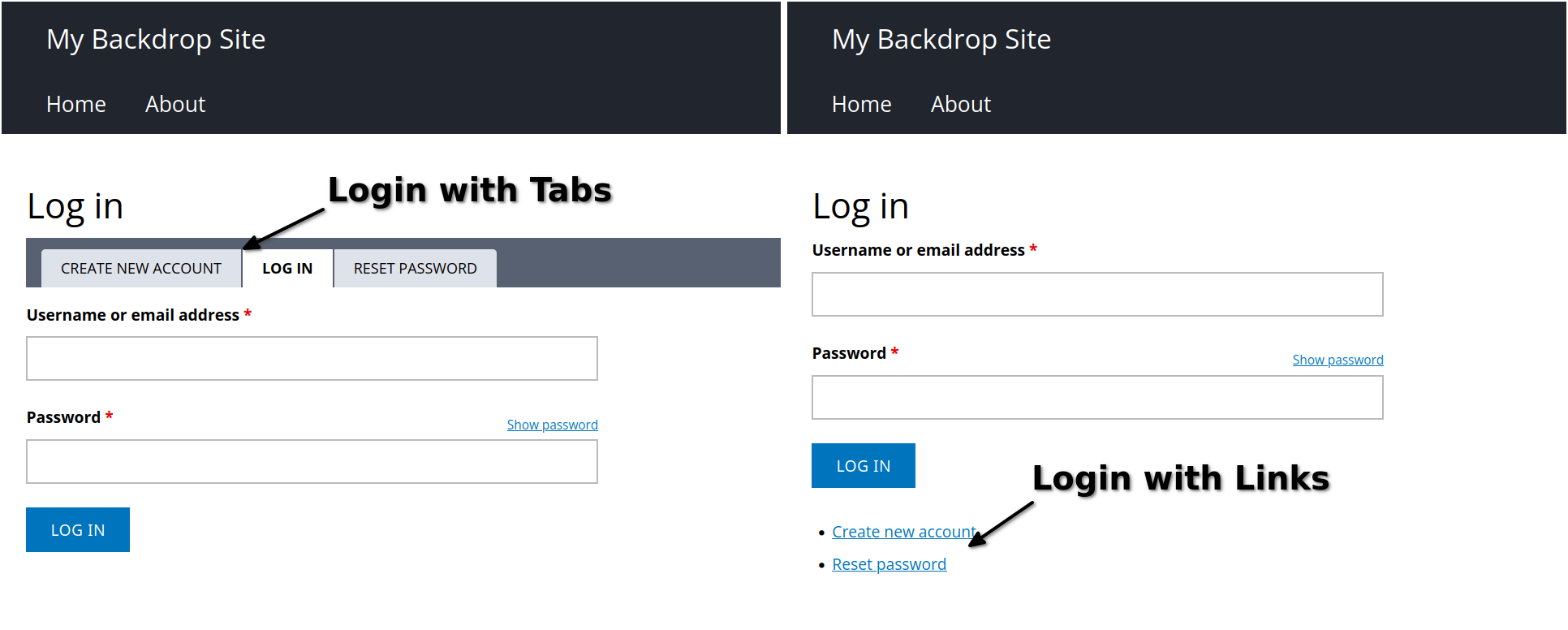 Screenshot showing two different login pages, the one on the left having "tabs" displaying login options, and the one on the right showing links at the bottom of the login form instead.