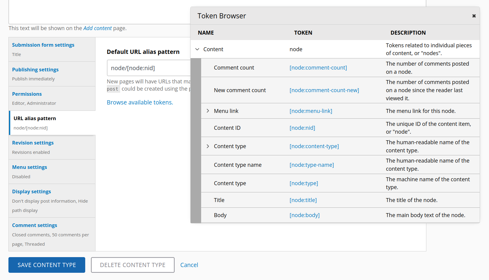 Screenshot showing Fast Token Browser opened in a modal window, selecting a token for URL alias patterns.