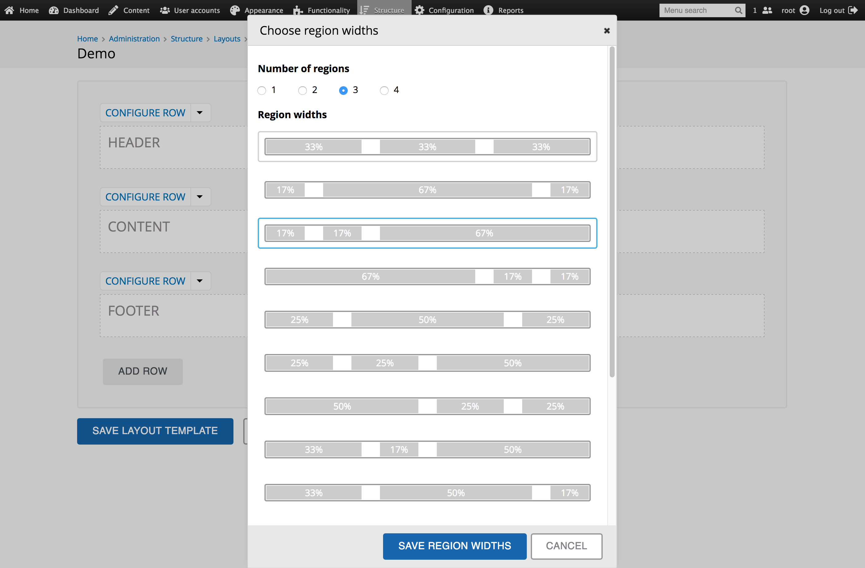 A screenshot of the Flexible Layouts interface, highlighting the options for number of columns.