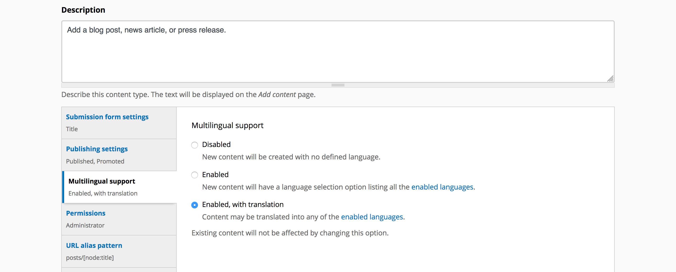 Multilingual support vertical tab on content type configuration form