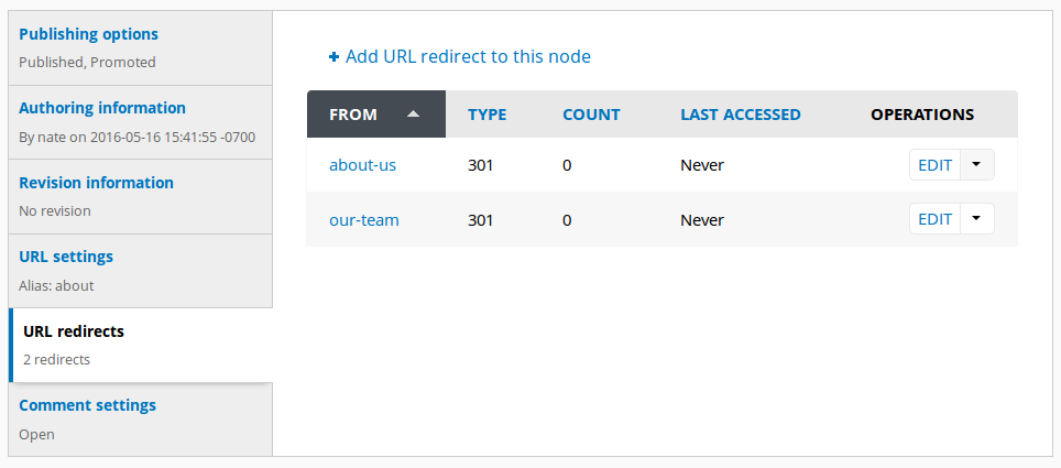 Redirect module UI on content forms.