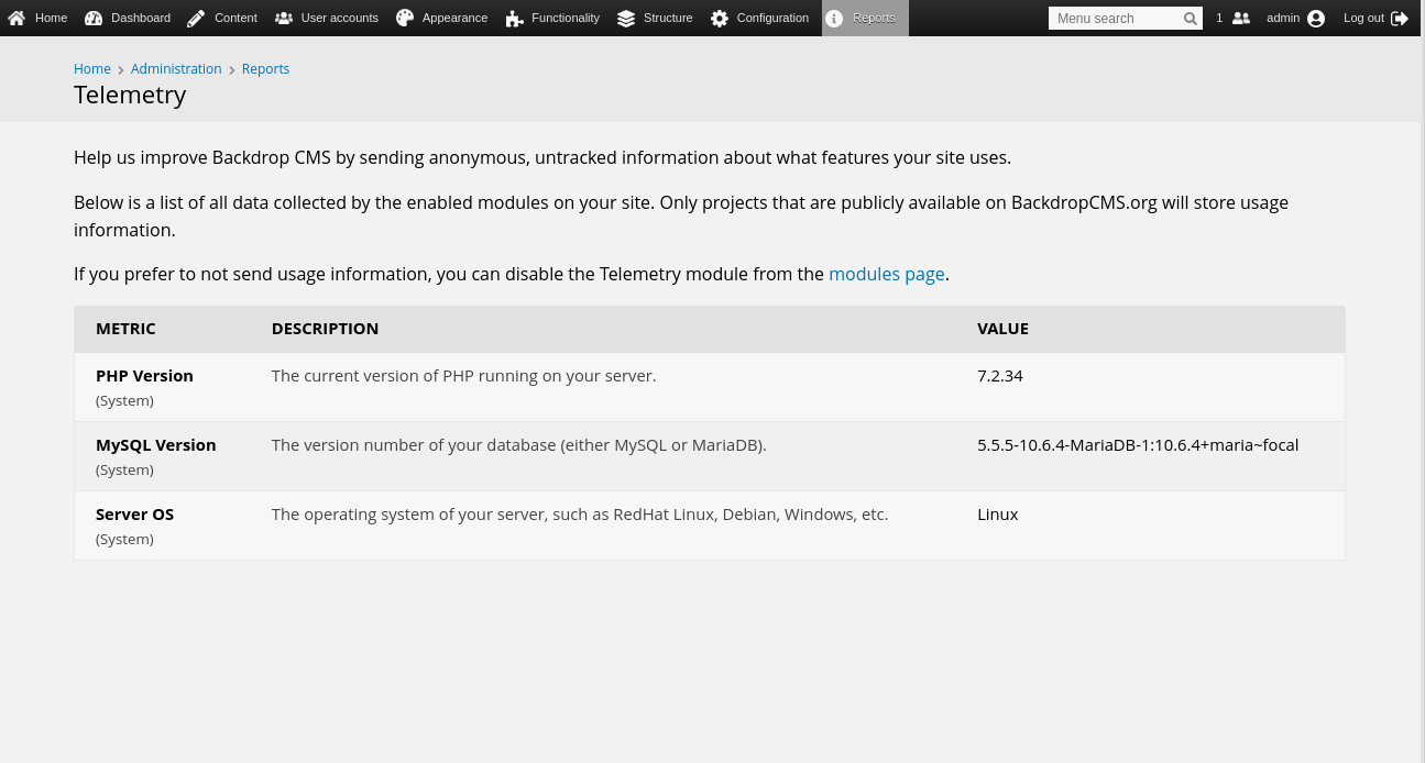 screenshot of the report generated by telemetry module