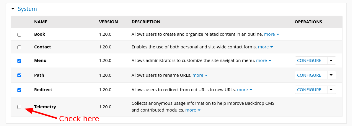 screenshot of module page with listing for telemetry module and checkbox to enable it.