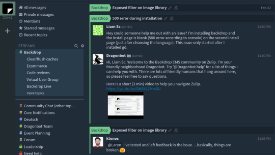 Screenshop of Zulip chat conversations