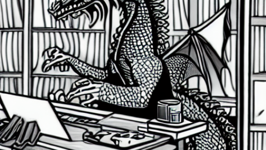 A drawing of a large black dragon seated at a desk typing on a laptop