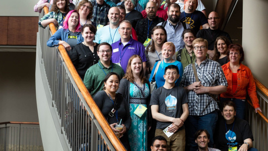 Group photo, everyone on the staircase. Twin Cites Drupal Camp 2018