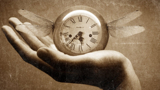 A hand, holding a clock with wings. Holding on to elusive time.