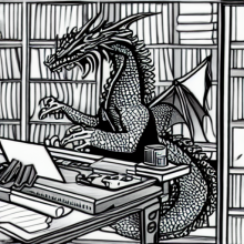 A drawing of a large black dragon seated at a desk typing on a laptop